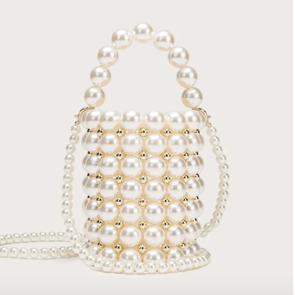 2 In 1 Faux Pearl Beaded Bucket Bag